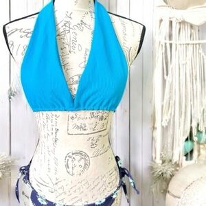 Bright Blue Halter Bikini Top with Boho Eye Print Bottoms Bikini Set